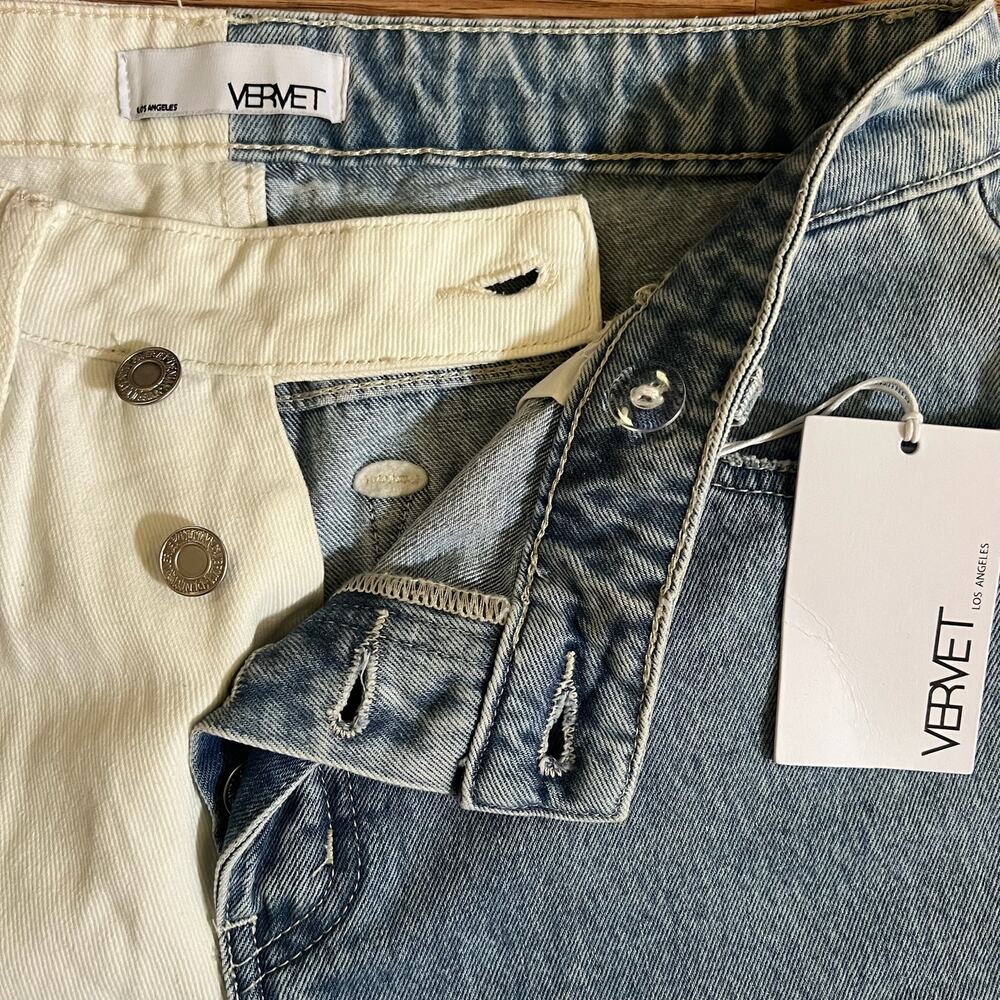 VERVET Norah Crossover Fly Colorblock Jeans 27 High Rise Straight Two Tone NWT - Picture 6 of 12